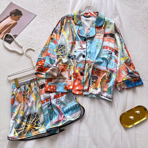 新品卡通夏天真丝睡衣女夏季w短袖短裤薄款套装家居服可出门外穿