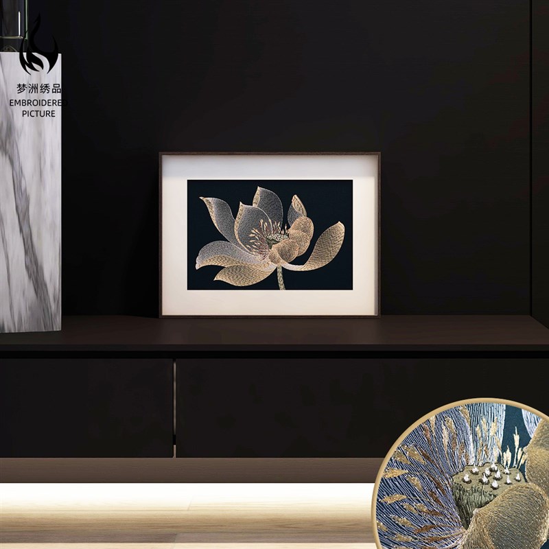 极速梦洲刺绣莲花饭厅画轻奢新中式挂画酒店客房过道W墙面装饰画图片