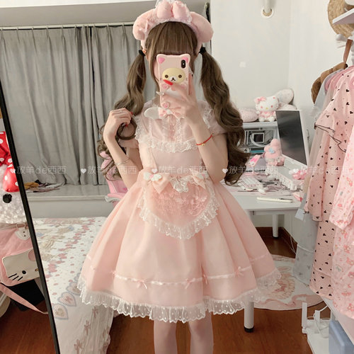再贩-熊之羽-原创轻Lolita欧根纱裙可爱小熊粉色少女短袖op