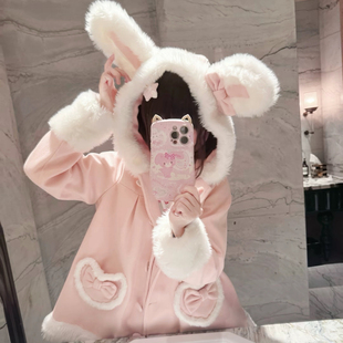 25年现货 质感软妹lolita外套 奶油兔兔原创小个子毛呢兔耳大衣