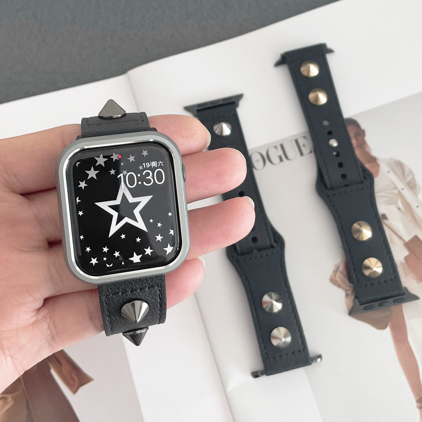 壳里斯iwatch表带S10暗黑限量版朋克金属铆钉真皮S11小众设计新款s9适用SE3苹果Applewatch手表S8高级感Ultra