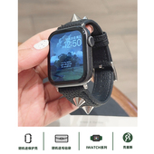 壳里斯iwatch表带S10荔枝纹皮革铆钉银色金属S8小众新款 s9适用SE苹果Applewatch手表Ultra高级感S7男女款 秋冬