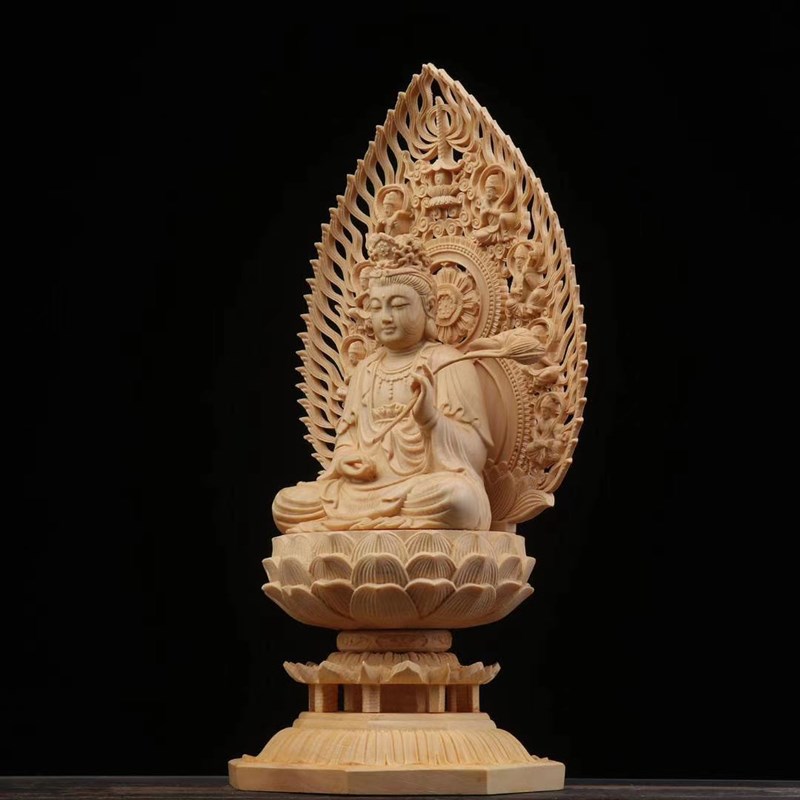 桧木木雕大势至菩萨佛像观音木雕坐莲花底座家用玄关供奉摆件