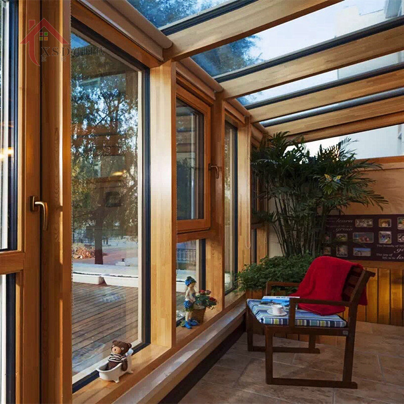 别墅露台阳光房钢结构铝合金中空钢化玻璃铝包木断桥铝阳台安装