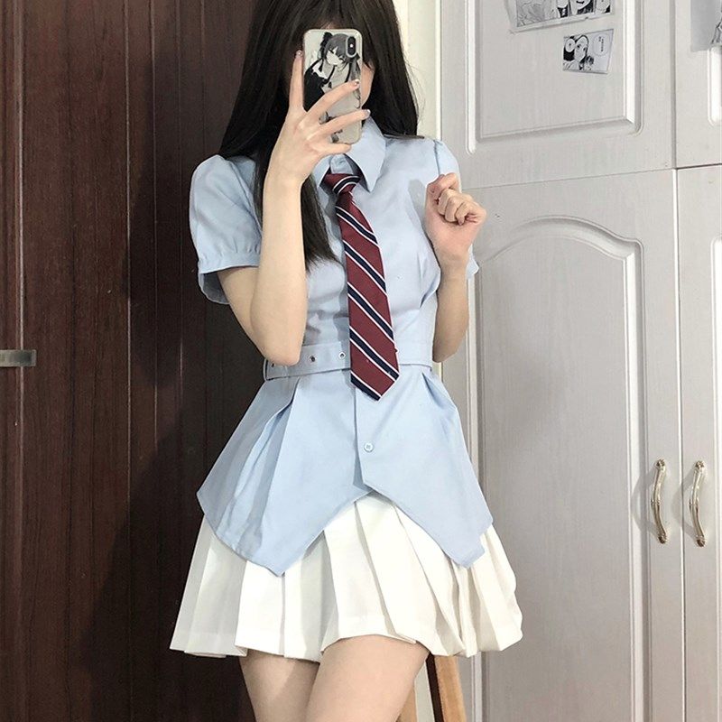 jk制服学院风小个子套装收腰修身短袖衬衫女百褶裙小众上衣两件套