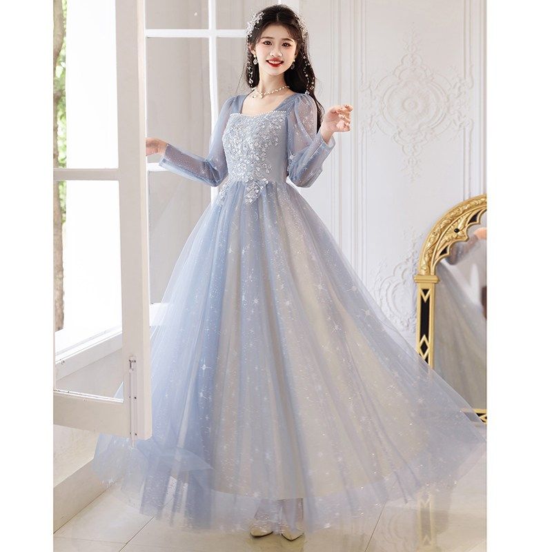 晚礼服女高级感宴会气质主持人轻奢小众高端钢琴演出裙浅蓝色长袖