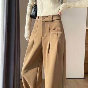 卡其色加绒毛呢阔腿裤女秋冬新款高腰直筒小个子加厚休闲西装裤子