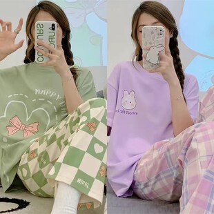 睡衣女夏纯棉短袖 两件套装 长裤 女士家居服薄款 春秋夏款 2024年新款