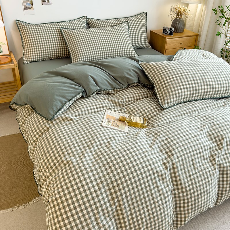 绿小格简约风纯棉被套单件100全棉1.5米被罩200x230单双人220x240