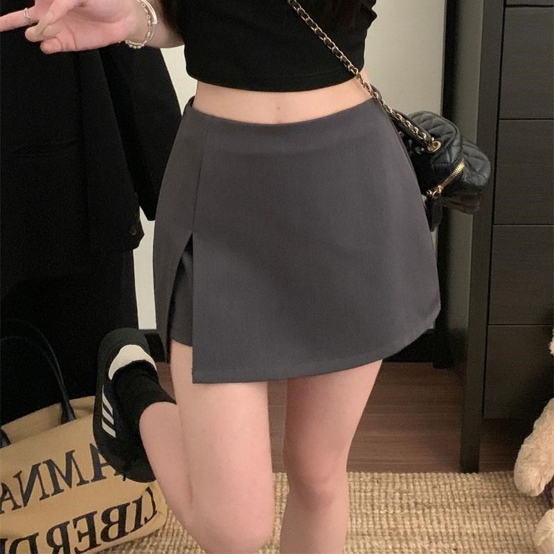 灰色西装半身裙女2025春新款百搭高腰显瘦a字裙裤侧开叉短裙子黑