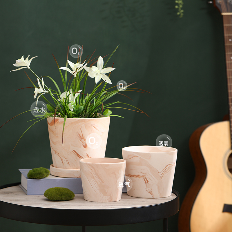 天然玛奇朵纹红白陶花盆素烧陶土粗陶透气绿萝兰花多肉盆栽带托盘