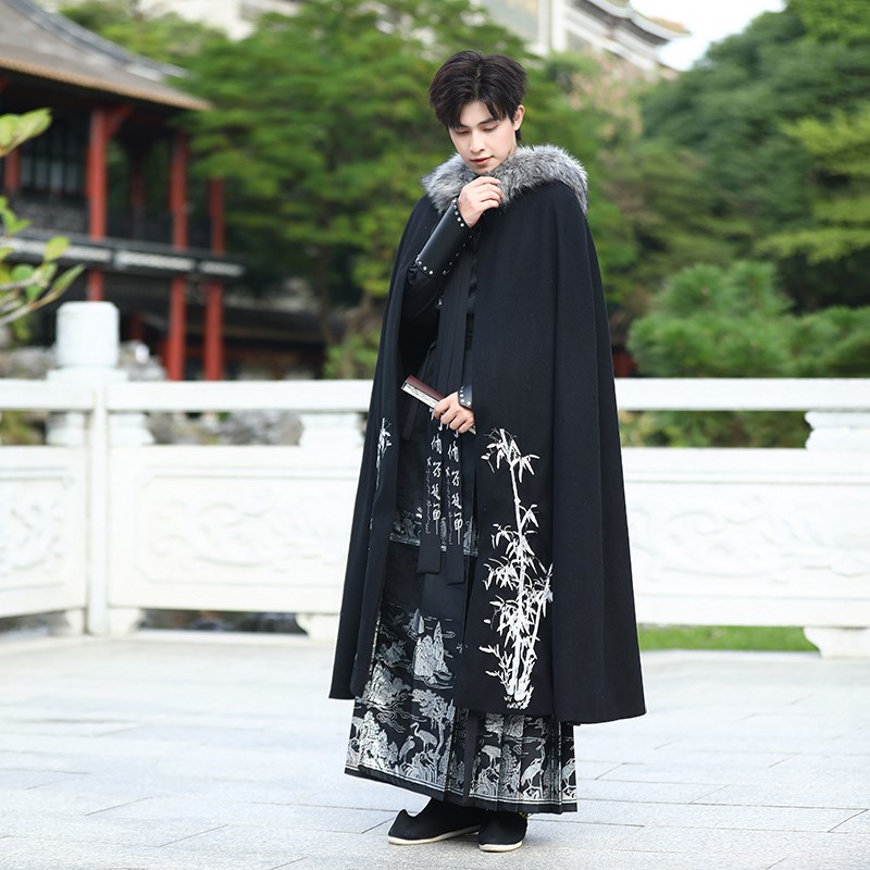 成人披风斗篷冬龙年汉服男士长款加绒古装织金马面裙交襟衬衣套装