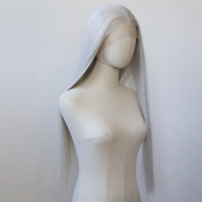 银色前蕾丝化纤大蕾丝高温丝假发银白色自然欧美长直发整顶假发套