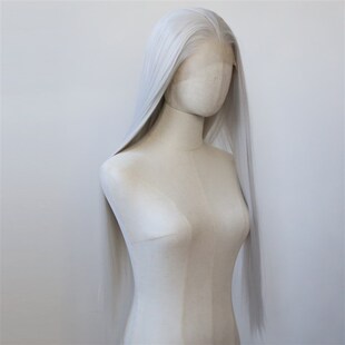 银色前蕾丝化纤大蕾丝高温丝假发银白色自然欧美长直发整顶假发套