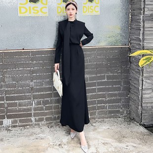 绿色设计感长袖 高腰显瘦垂坠感气质收腰鱼尾长裙 连衣裙女秋冬新款