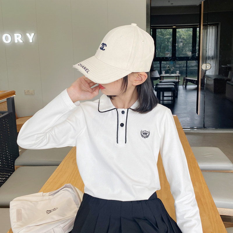 女童秋装2023新款童装T恤长袖儿童打底衫学院风春秋翻领纯棉上衣