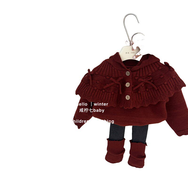 咸柠七女童毛衣过年服圣诞新年红色上衣连帽蝴蝶结斗篷儿童针织衫