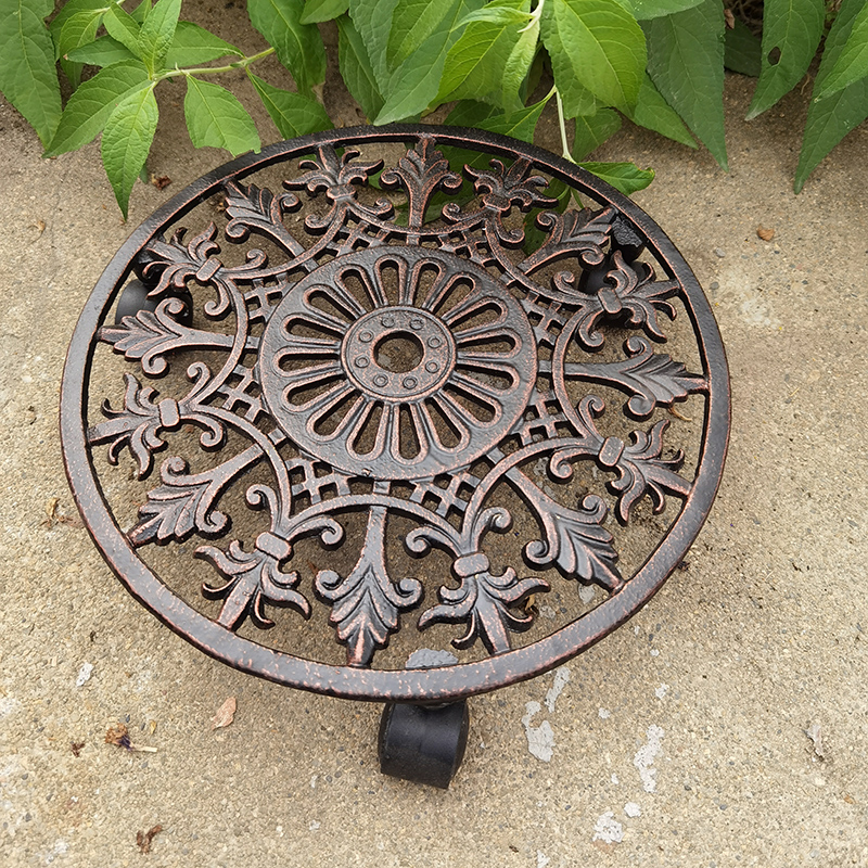 铁艺圆形花盆托架客厅阳台盆栽底座带万向轮可移动铸铁花架镂空方