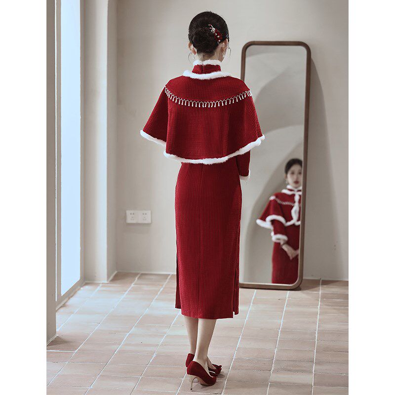 红色旗袍敬酒服新娘秋冬季加绒订婚礼服女结婚披肩新中式斗篷套装