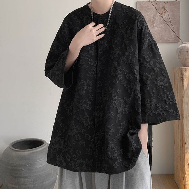 300斤大码男装侧边开叉无领衬衫男夏季肌理感新中式宽松短袖衬衣2