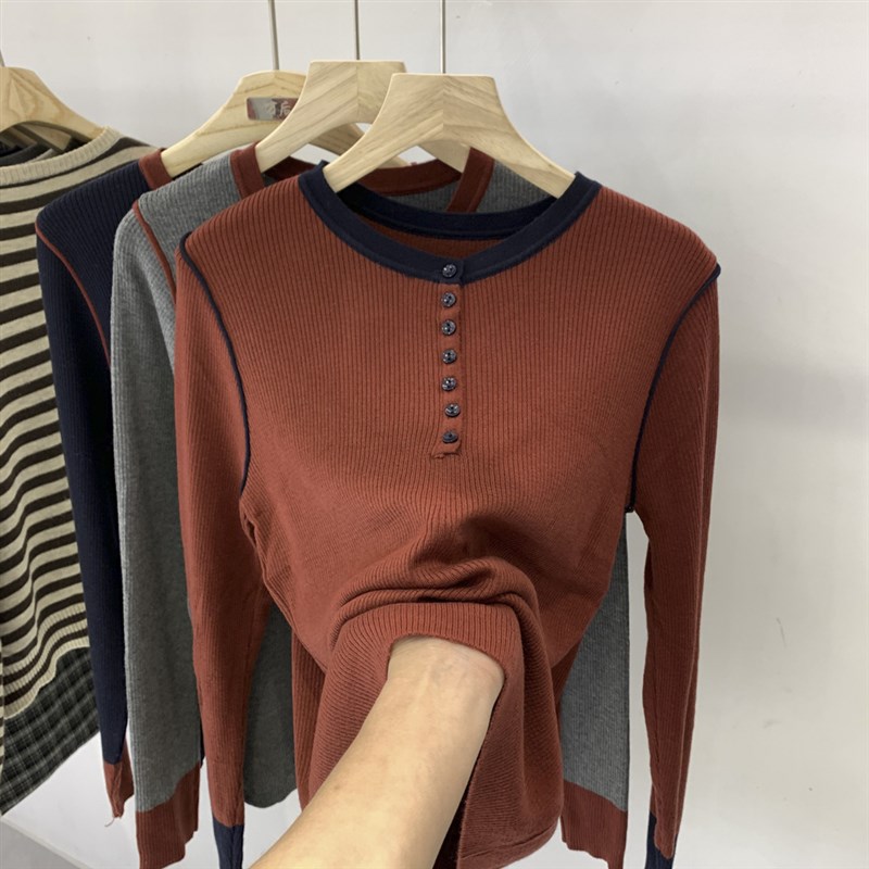 遮肚显瘦【80-200斤】纽扣圆领长袖针织衫女秋冬洋气百搭打底上衣