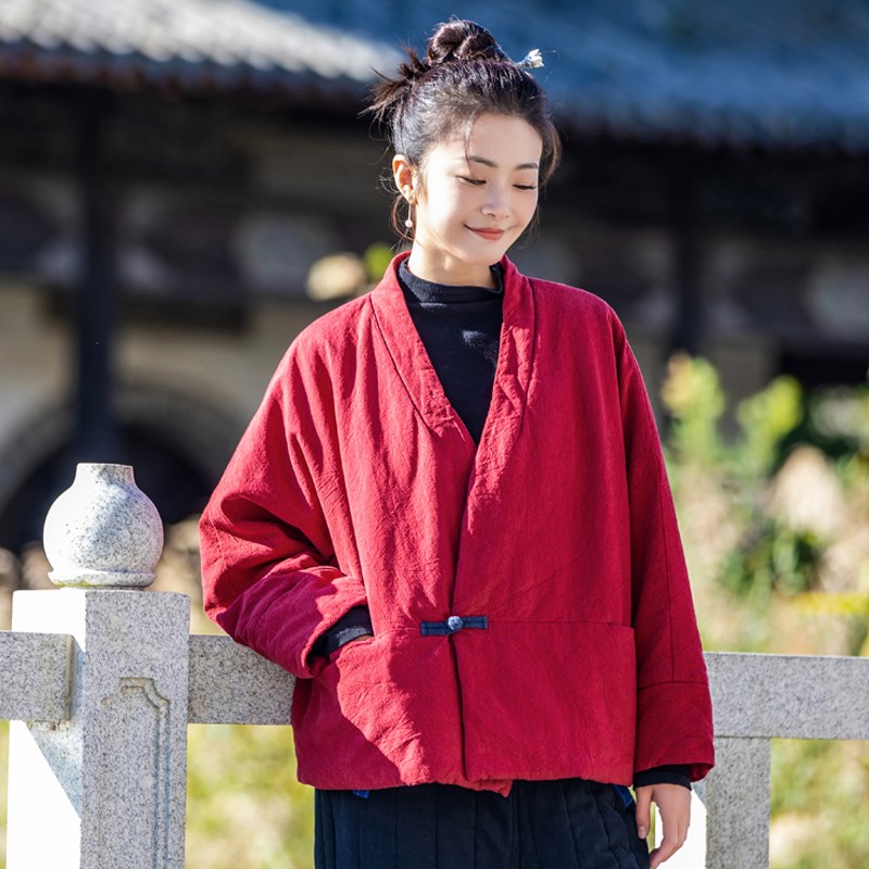 文艺夹棉茶服上衣女冬2024新款国风复古V领棉外套中式盘扣短棉衣