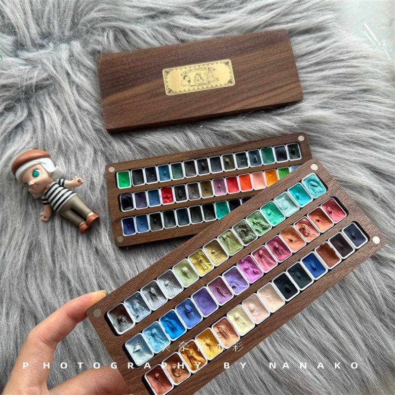 胡桃木水彩分装双层盒兔子黄铜片盒子美甲收纳空盒定制颜料木盒,文具电教/文化用品/商务用品,水彩颜料,淘宝优惠券,粉丝福利购,淘宝优惠卷