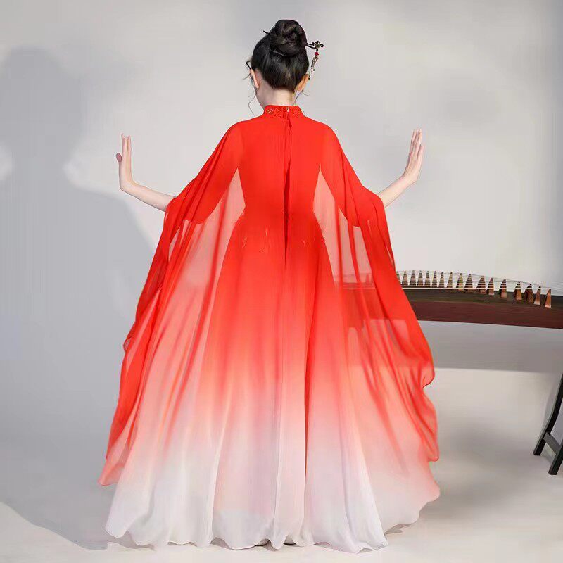 儿童汉服高端女童古筝演出服中国风主持人民乐演出奏艺考礼服红色
