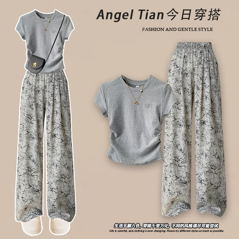 甜酷辣妹穿搭套装女夏季新款修身正肩显瘦T恤+休闲阔腿裤两件套潮
