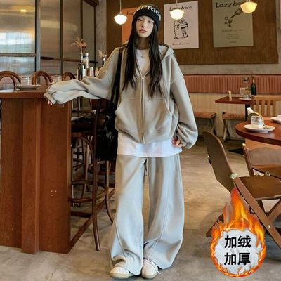 双面奥粒绒卫衣套装女秋冬季加绒超厚运动服连帽外套阔腿裤两件套