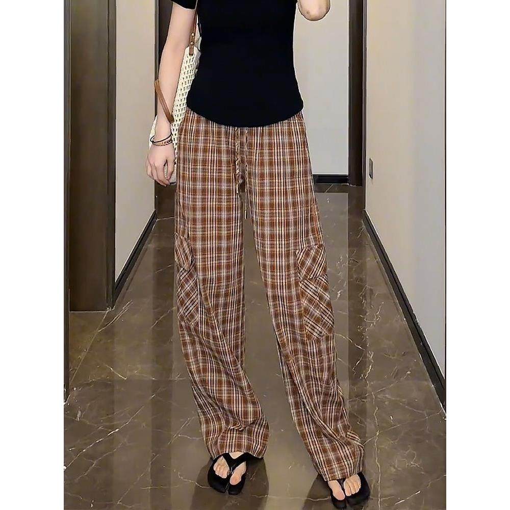 夏季薄款高腰抽绳格子休闲裤女2025年新款宽松垂感直筒拖地长裤子