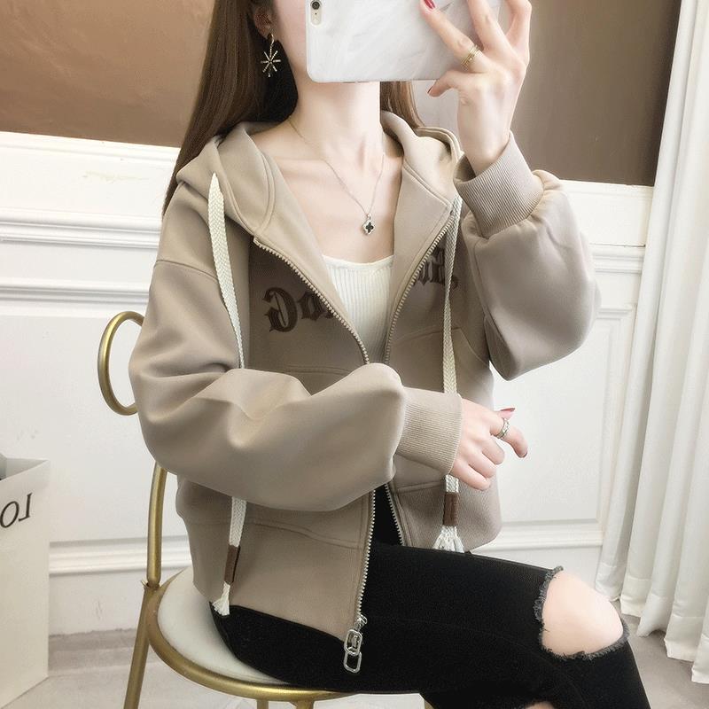 春秋装新款女外套短款薄款开衫冬季卫衣时尚连帽字母加绒加厚上衣