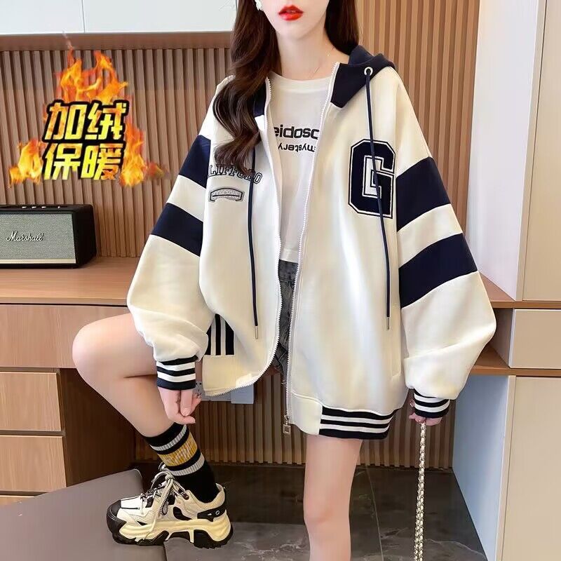 秋冬加绒美式学院风连帽卫衣女学生宽松开衫休闲加厚棒球服外套潮