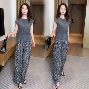 上衣洋气印花阔腿裤 2025夏季 气质减龄显瘦短袖 时尚 两件套潮女 新款