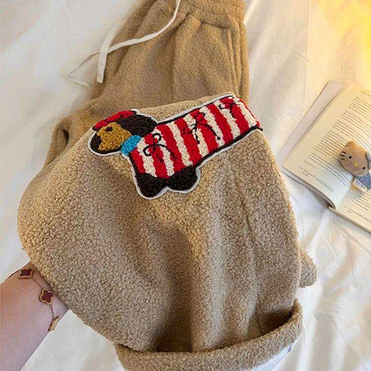 腊肠狗羊羔绒保暖男女棉裤秋冬季加绒加厚休闲裤学生阔腿裤子长裤