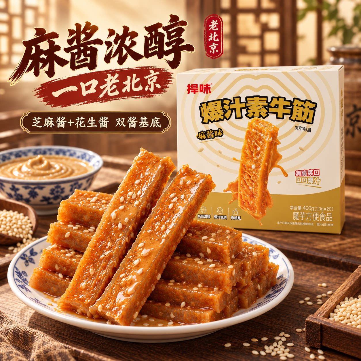 捍味爆汁素牛筋麻酱味麻酱浓醇魔芋零食 弹韧挂汁 400g盒装