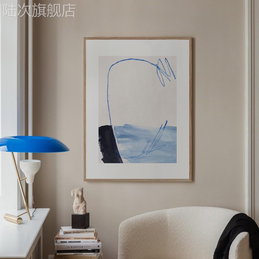 奶油风抽象挂画小众INS风线条蓝色装饰画原木民宿卧室书