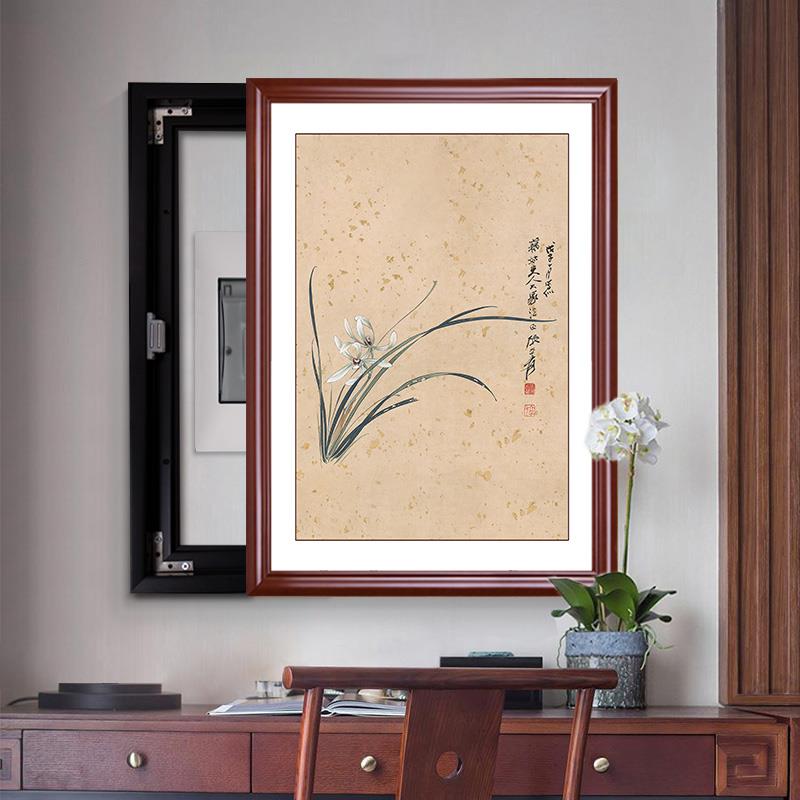 新中式电表箱装饰画画实木竖款配电箱盖板空气开关盒子遮挡挂画画