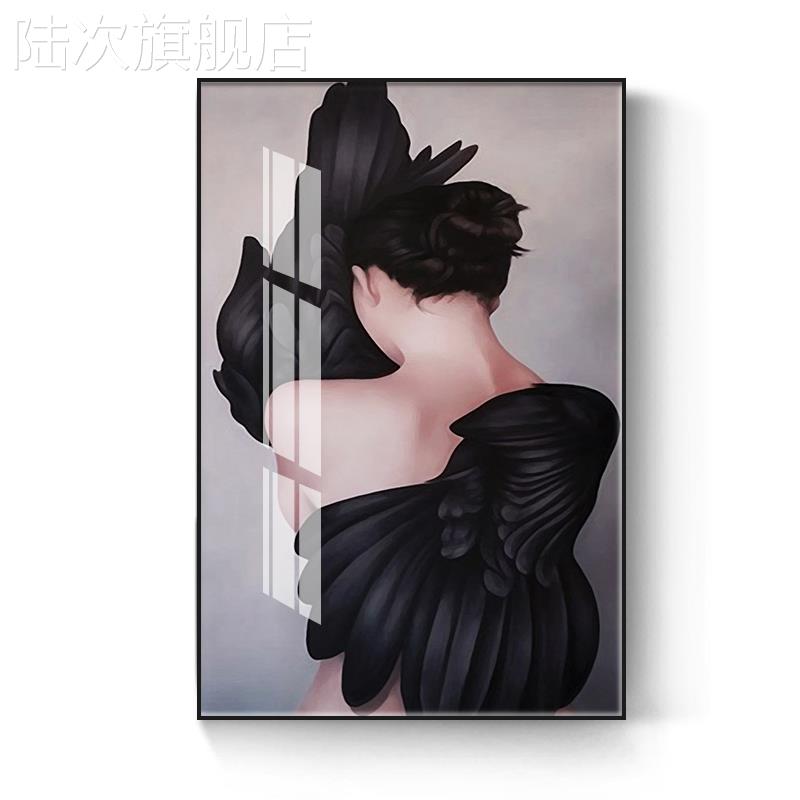 网红羽毛少女装饰画客厅沙背景墙画壁画玄关卧室餐厅现代时尚人物图片