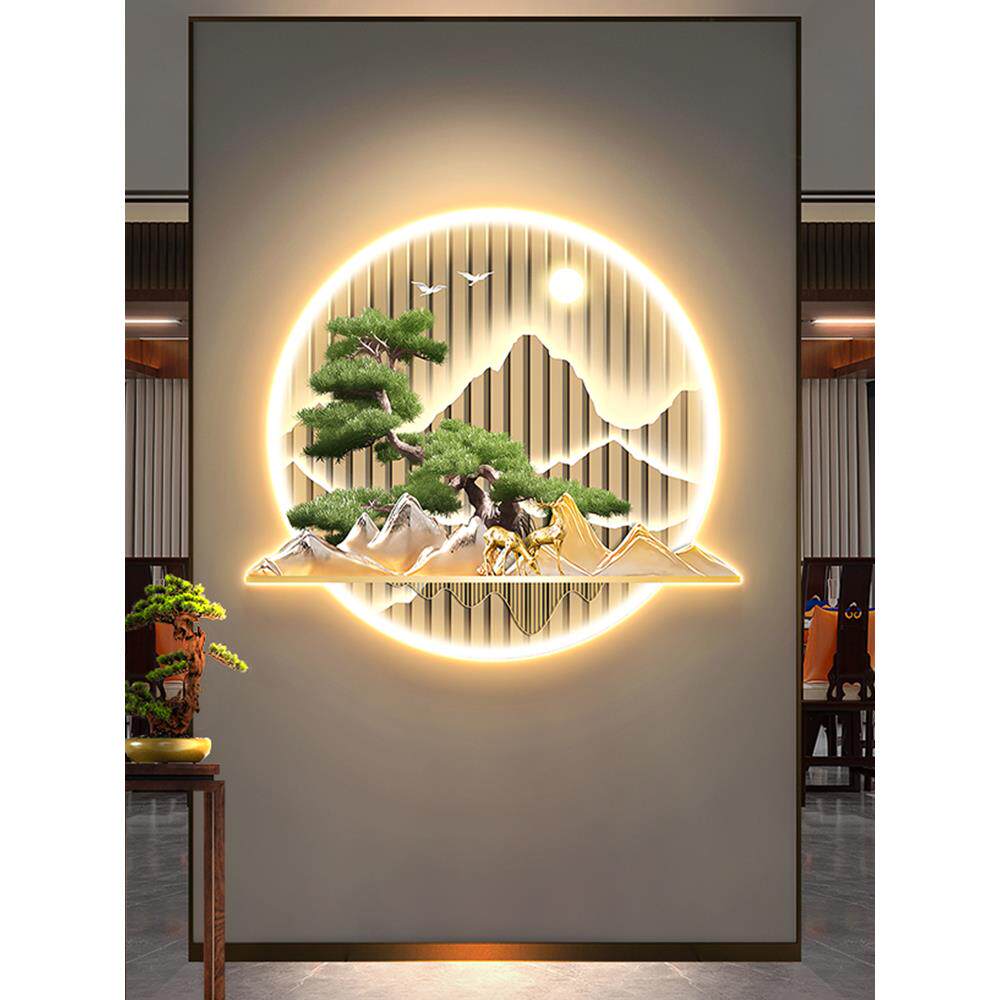 迎客松入户玄关装饰画新中式山水走廊壁画轻奢茶室背景墙带灯挂画