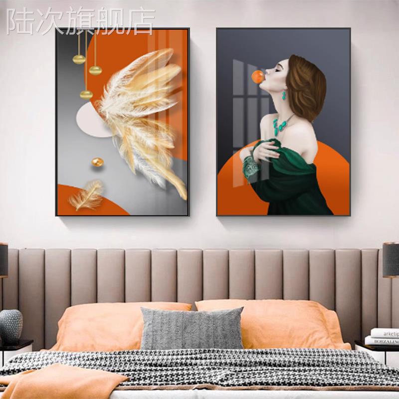 现代简约卧室装饰画轻奢人物女床头组合壁画蓝色羽毛玄关背景挂画图片