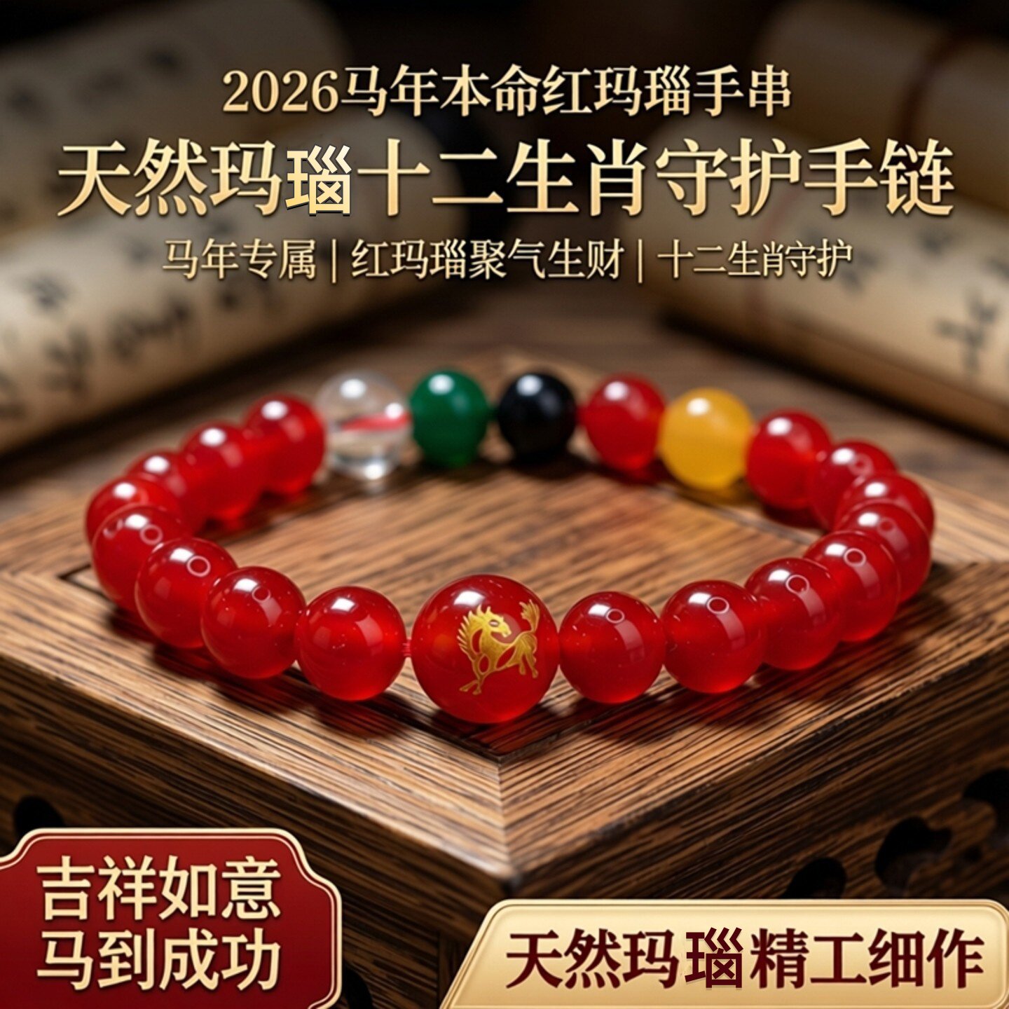 2026马年本命红玛瑙十二生肖手串天然玛瑙鼠牛羊兔生肖红手链