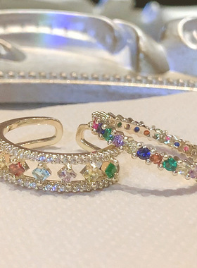 复古彩虹宝石戒指女小众素圈锆石开口戒指饰品尾戒托