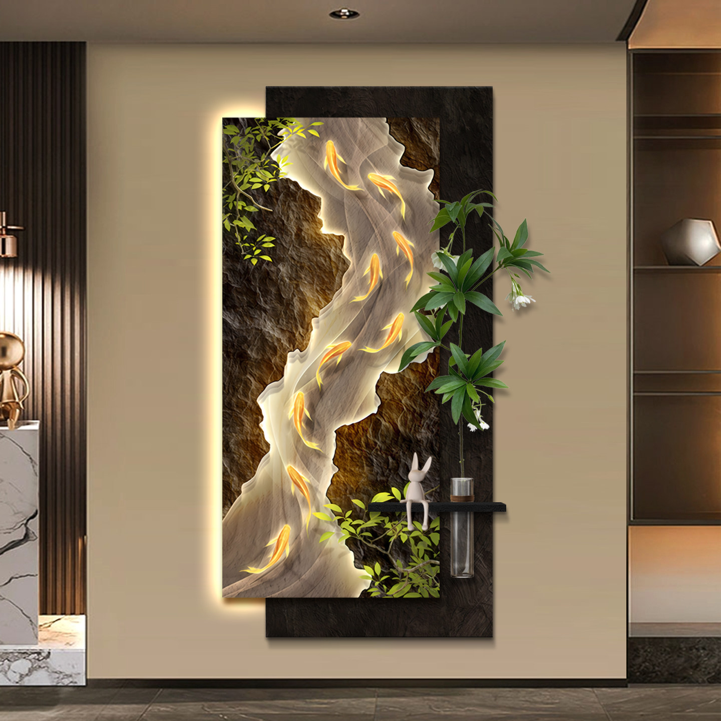 水培绿植入户玄关装饰画九鱼轻奢走廊过道挂画砂岩立体感肌理壁画