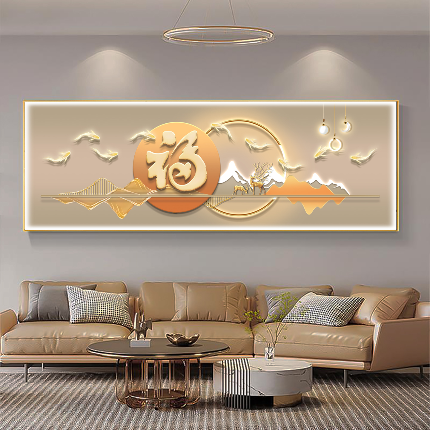 九鱼聚福客厅装饰画带灯镶钻高级感沙发背景墙办公室挂画酒店壁画