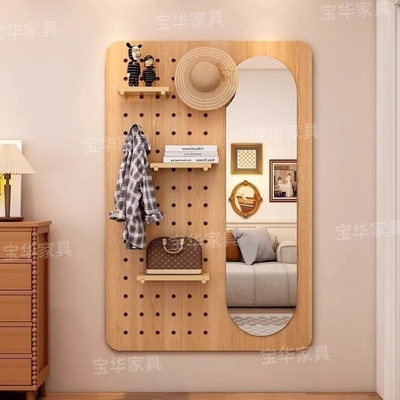 纯全实木洞洞板全身镜壁挂穿衣镜房间置物全身镜挂墙入户收纳装饰