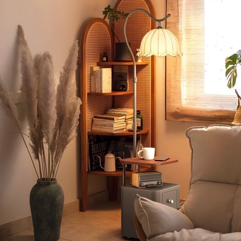 法式床头柜落地灯实木置物架一体立式台灯中古风卧室氛围茶几灯具