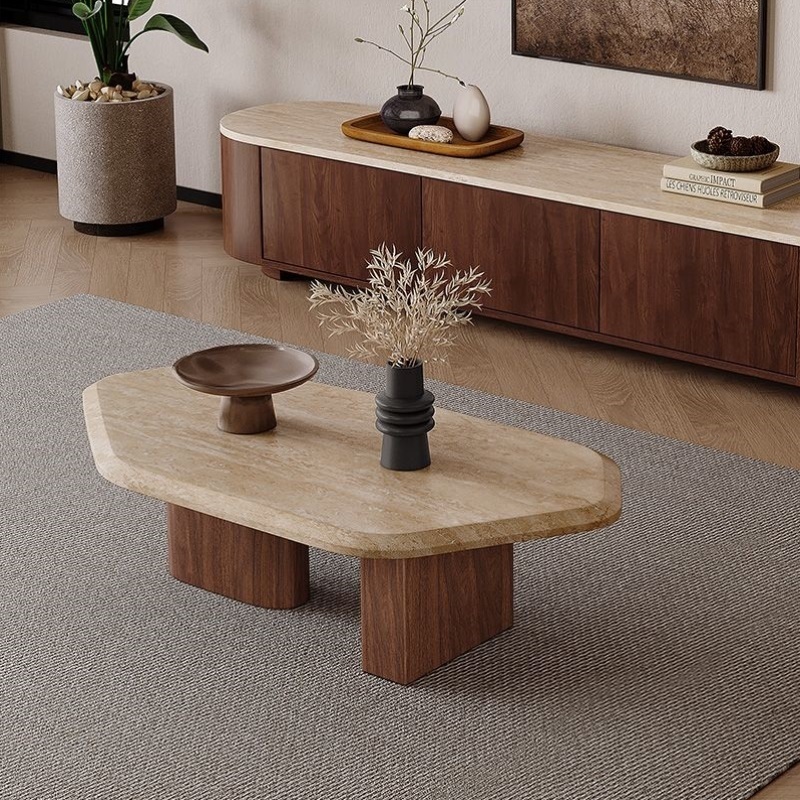 侘寂风异形复古洞石茶几小户型客厅家用矮桌设计师民宿大理石桌子