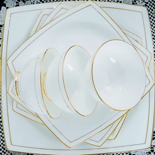 陶瓷器碗盘组合 黄金边景德镇骨瓷餐具套装 碗碟套装 家用简约欧式