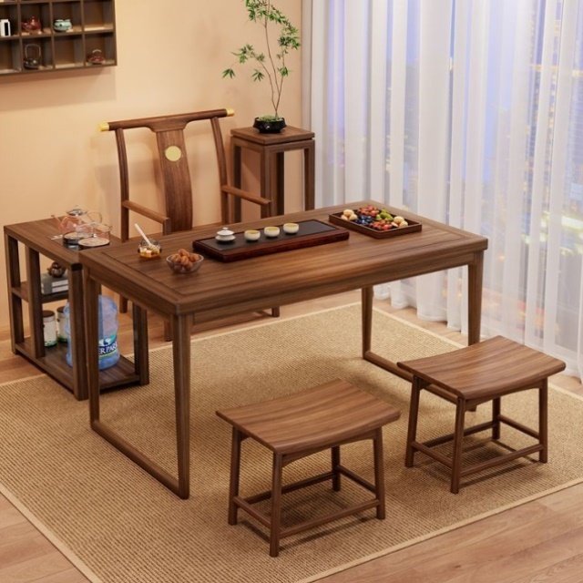 新中式茶桌禅意胡桃木阳台实木桌椅组合家用功夫一体小户型茶桌